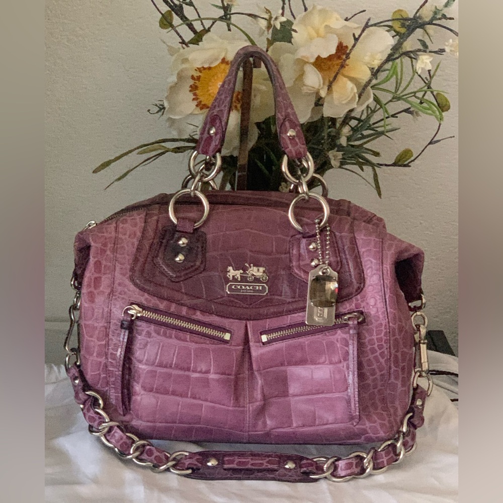 RARE HTF Coach Pink Madison Audrey Croc-Embossed Leather SATCHEL / Shoulder Bag - Picture 3 of 11